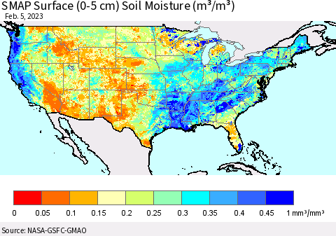 United States SMAP Surface (0-5 cm) Soil Moisture (m³/m³) Thematic Map For 2/1/2023 - 2/5/2023