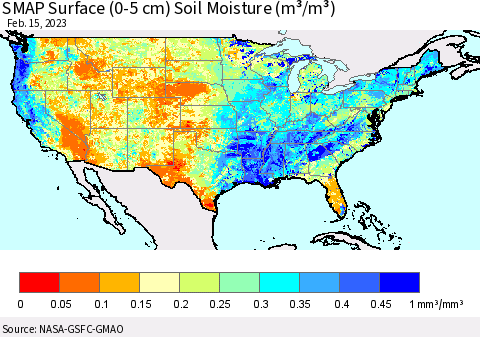 United States SMAP Surface (0-5 cm) Soil Moisture (m³/m³) Thematic Map For 2/11/2023 - 2/15/2023