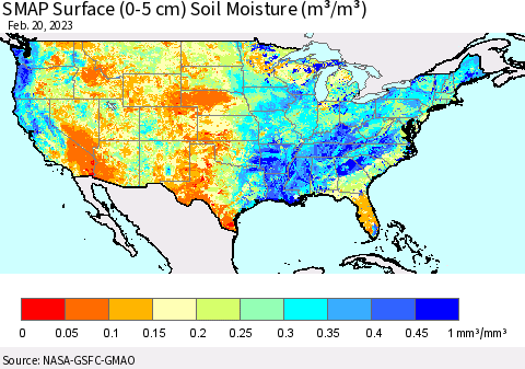 United States SMAP Surface (0-5 cm) Soil Moisture (m³/m³) Thematic Map For 2/16/2023 - 2/20/2023