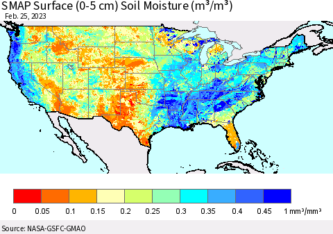 United States SMAP Surface (0-5 cm) Soil Moisture (m³/m³) Thematic Map For 2/21/2023 - 2/25/2023