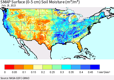 United States SMAP Surface (0-5 cm) Soil Moisture (m³/m³) Thematic Map For 2/26/2023 - 2/28/2023