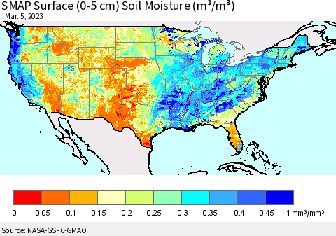 United States SMAP Surface (0-5 cm) Soil Moisture (m³/m³) Thematic Map For 3/1/2023 - 3/5/2023
