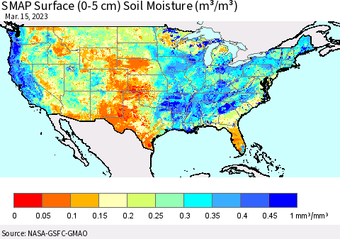 United States SMAP Surface (0-5 cm) Soil Moisture (m³/m³) Thematic Map For 3/11/2023 - 3/15/2023