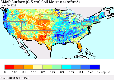 United States SMAP Surface (0-5 cm) Soil Moisture (m³/m³) Thematic Map For 3/16/2023 - 3/20/2023