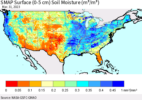 United States SMAP Surface (0-5 cm) Soil Moisture (m³/m³) Thematic Map For 3/26/2023 - 3/31/2023
