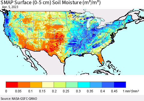 United States SMAP Surface (0-5 cm) Soil Moisture (m³/m³) Thematic Map For 4/1/2023 - 4/5/2023