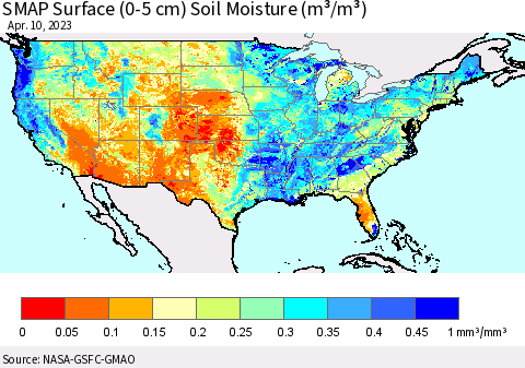 United States SMAP Surface (0-5 cm) Soil Moisture (m³/m³) Thematic Map For 4/6/2023 - 4/10/2023