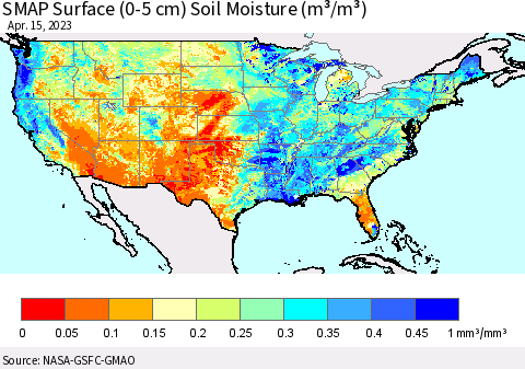 United States SMAP Surface (0-5 cm) Soil Moisture (m³/m³) Thematic Map For 4/11/2023 - 4/15/2023