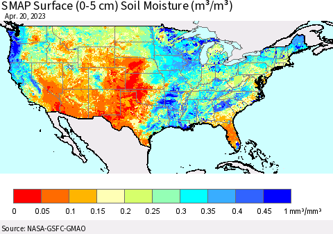 United States SMAP Surface (0-5 cm) Soil Moisture (m³/m³) Thematic Map For 4/16/2023 - 4/20/2023