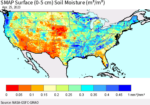 United States SMAP Surface (0-5 cm) Soil Moisture (m³/m³) Thematic Map For 4/21/2023 - 4/25/2023