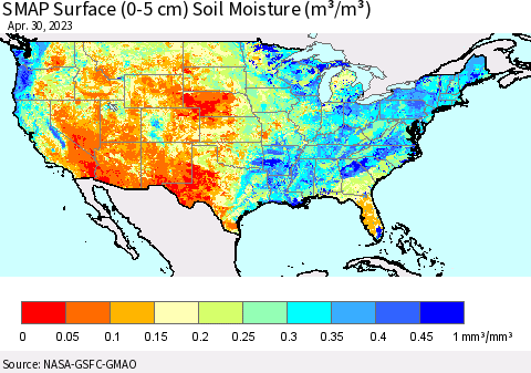 United States SMAP Surface (0-5 cm) Soil Moisture (m³/m³) Thematic Map For 4/26/2023 - 4/30/2023