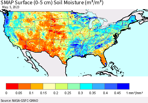 United States SMAP Surface (0-5 cm) Soil Moisture (m³/m³) Thematic Map For 5/1/2023 - 5/5/2023