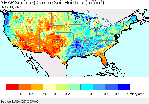 United States SMAP Surface (0-5 cm) Soil Moisture (m³/m³) Thematic Map For 5/6/2023 - 5/10/2023