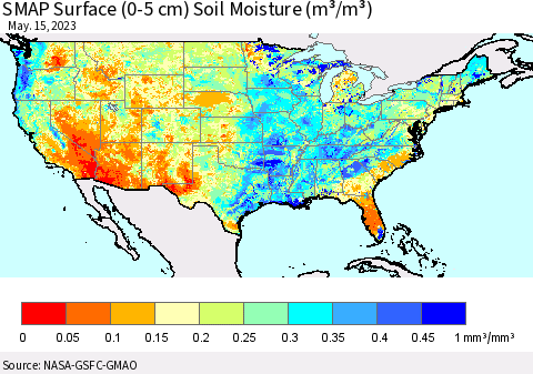 United States SMAP Surface (0-5 cm) Soil Moisture (m³/m³) Thematic Map For 5/11/2023 - 5/15/2023