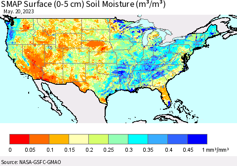 United States SMAP Surface (0-5 cm) Soil Moisture (m³/m³) Thematic Map For 5/16/2023 - 5/20/2023