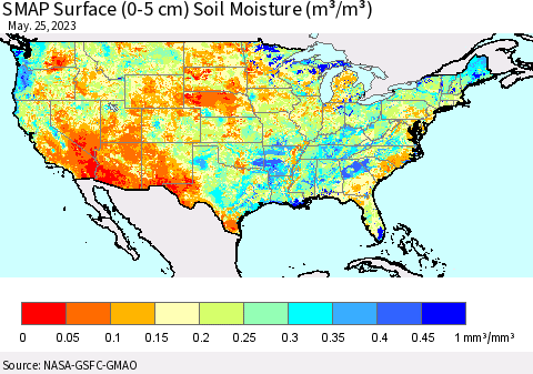 United States SMAP Surface (0-5 cm) Soil Moisture (m³/m³) Thematic Map For 5/21/2023 - 5/25/2023