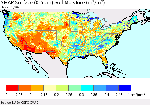 United States SMAP Surface (0-5 cm) Soil Moisture (m³/m³) Thematic Map For 5/26/2023 - 5/31/2023