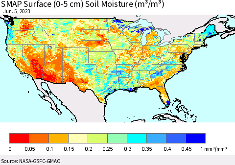 United States SMAP Surface (0-5 cm) Soil Moisture (m³/m³) Thematic Map For 6/1/2023 - 6/5/2023