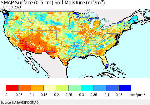 United States SMAP Surface (0-5 cm) Soil Moisture (m³/m³) Thematic Map For 6/6/2023 - 6/10/2023