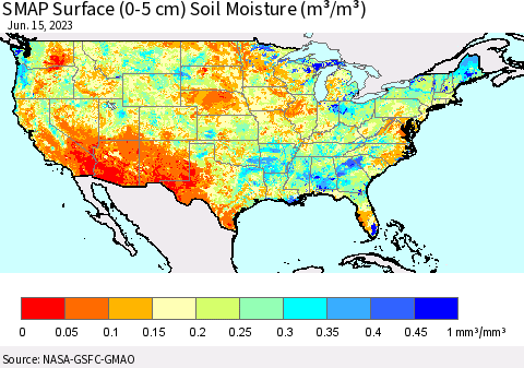 United States SMAP Surface (0-5 cm) Soil Moisture (m³/m³) Thematic Map For 6/11/2023 - 6/15/2023