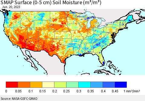 United States SMAP Surface (0-5 cm) Soil Moisture (m³/m³) Thematic Map For 6/16/2023 - 6/20/2023