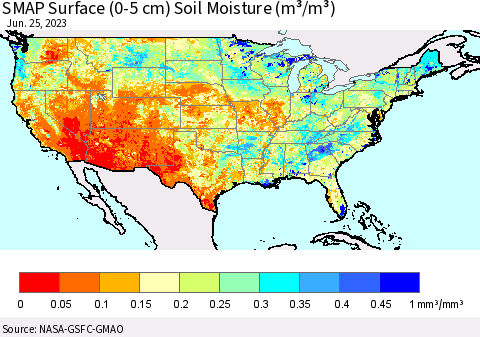 United States SMAP Surface (0-5 cm) Soil Moisture (m³/m³) Thematic Map For 6/21/2023 - 6/25/2023