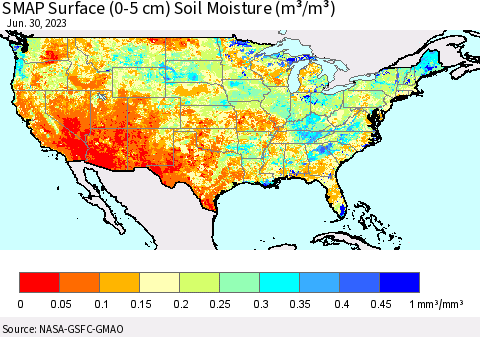 United States SMAP Surface (0-5 cm) Soil Moisture (m³/m³) Thematic Map For 6/26/2023 - 6/30/2023