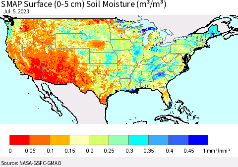 United States SMAP Surface (0-5 cm) Soil Moisture (m³/m³) Thematic Map For 7/1/2023 - 7/5/2023