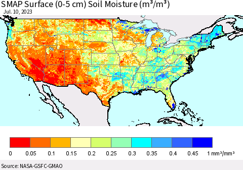 United States SMAP Surface (0-5 cm) Soil Moisture (m³/m³) Thematic Map For 7/6/2023 - 7/10/2023