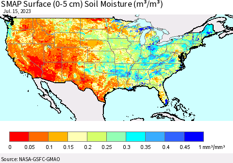 United States SMAP Surface (0-5 cm) Soil Moisture (m³/m³) Thematic Map For 7/11/2023 - 7/15/2023
