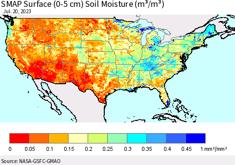 United States SMAP Surface (0-5 cm) Soil Moisture (m³/m³) Thematic Map For 7/16/2023 - 7/20/2023