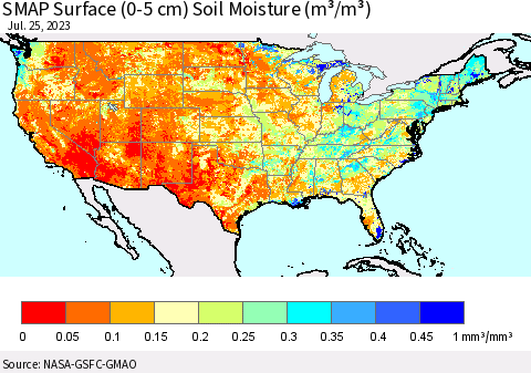 United States SMAP Surface (0-5 cm) Soil Moisture (m³/m³) Thematic Map For 7/21/2023 - 7/25/2023