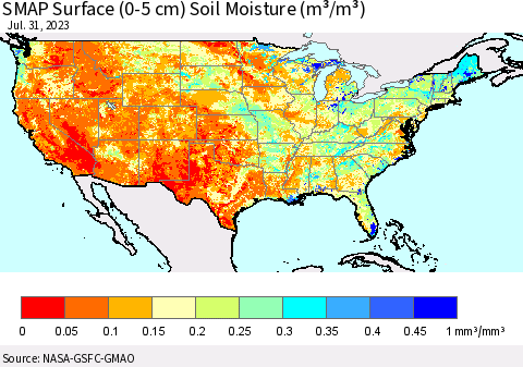 United States SMAP Surface (0-5 cm) Soil Moisture (m³/m³) Thematic Map For 7/26/2023 - 7/31/2023
