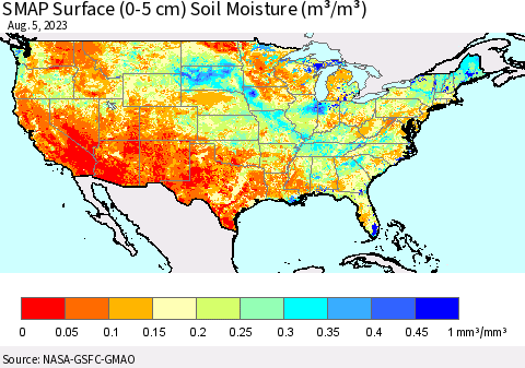 United States SMAP Surface (0-5 cm) Soil Moisture (m³/m³) Thematic Map For 8/1/2023 - 8/5/2023