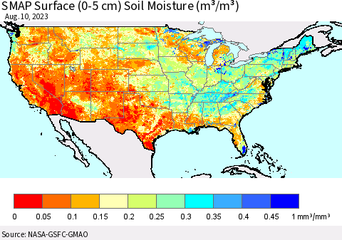 United States SMAP Surface (0-5 cm) Soil Moisture (m³/m³) Thematic Map For 8/6/2023 - 8/10/2023