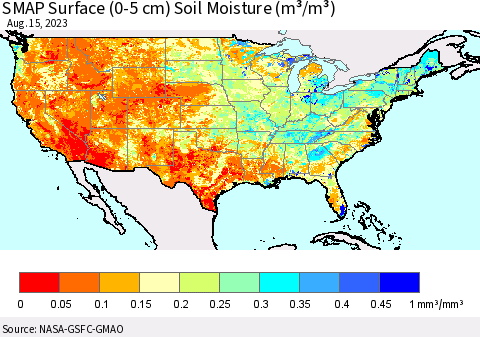 United States SMAP Surface (0-5 cm) Soil Moisture (m³/m³) Thematic Map For 8/11/2023 - 8/15/2023
