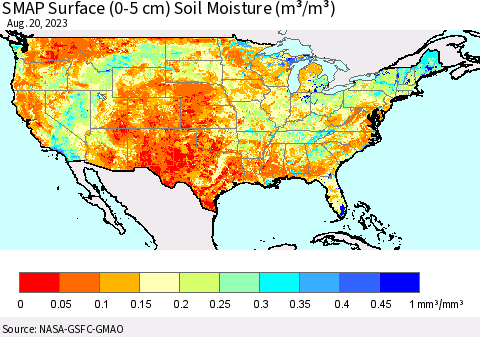 United States SMAP Surface (0-5 cm) Soil Moisture (m³/m³) Thematic Map For 8/16/2023 - 8/20/2023