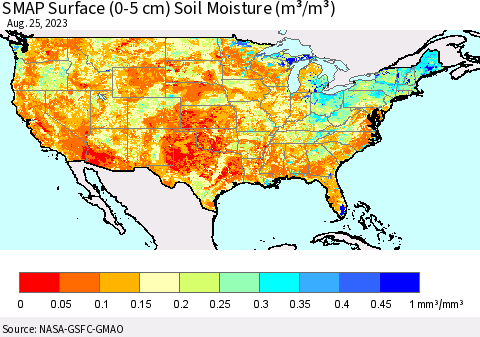 United States SMAP Surface (0-5 cm) Soil Moisture (m³/m³) Thematic Map For 8/21/2023 - 8/25/2023