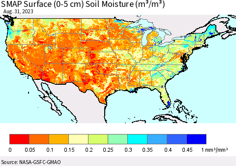 United States SMAP Surface (0-5 cm) Soil Moisture (m³/m³) Thematic Map For 8/26/2023 - 8/31/2023