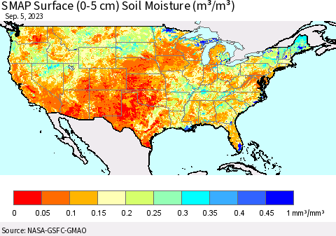 United States SMAP Surface (0-5 cm) Soil Moisture (m³/m³) Thematic Map For 9/1/2023 - 9/5/2023