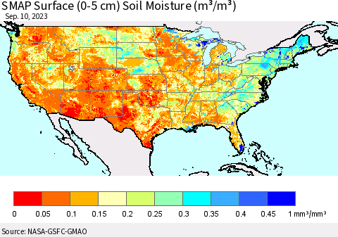 United States SMAP Surface (0-5 cm) Soil Moisture (m³/m³) Thematic Map For 9/6/2023 - 9/10/2023