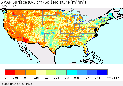 United States SMAP Surface (0-5 cm) Soil Moisture (m³/m³) Thematic Map For 9/11/2023 - 9/15/2023