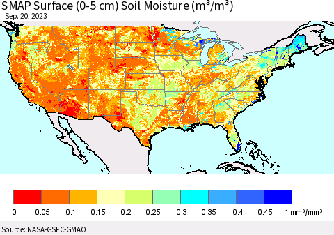 United States SMAP Surface (0-5 cm) Soil Moisture (m³/m³) Thematic Map For 9/16/2023 - 9/20/2023