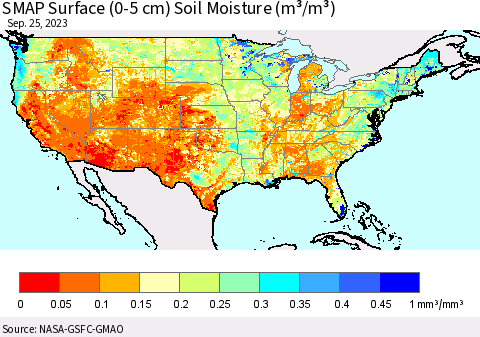 United States SMAP Surface (0-5 cm) Soil Moisture (m³/m³) Thematic Map For 9/21/2023 - 9/25/2023