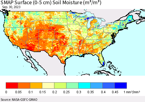 United States SMAP Surface (0-5 cm) Soil Moisture (m³/m³) Thematic Map For 9/26/2023 - 9/30/2023