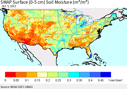 United States SMAP Surface (0-5 cm) Soil Moisture (m³/m³) Thematic Map For 10/1/2023 - 10/5/2023