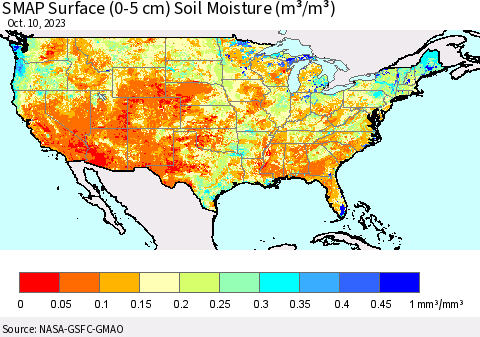 United States SMAP Surface (0-5 cm) Soil Moisture (m³/m³) Thematic Map For 10/6/2023 - 10/10/2023