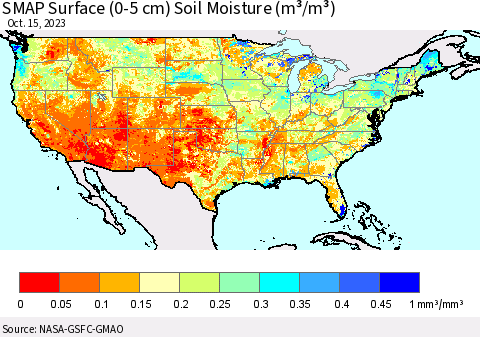 United States SMAP Surface (0-5 cm) Soil Moisture (m³/m³) Thematic Map For 10/11/2023 - 10/15/2023
