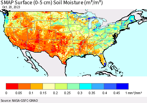 United States SMAP Surface (0-5 cm) Soil Moisture (m³/m³) Thematic Map For 10/16/2023 - 10/20/2023