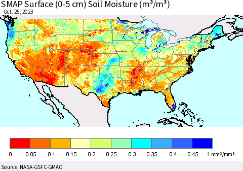 United States SMAP Surface (0-5 cm) Soil Moisture (m³/m³) Thematic Map For 10/21/2023 - 10/25/2023